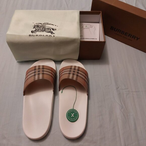 Burberry Furley Check Slide Sandals-Italian made slides-Beige check print main image 5